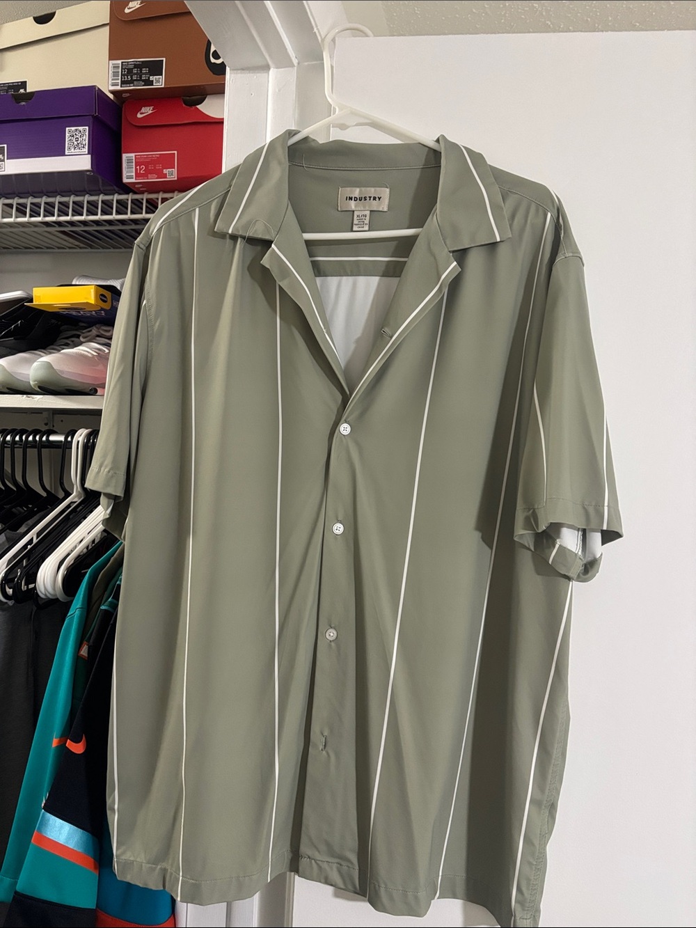 Olive Green Short-Sleeve Button-Down Shirt with White Piping